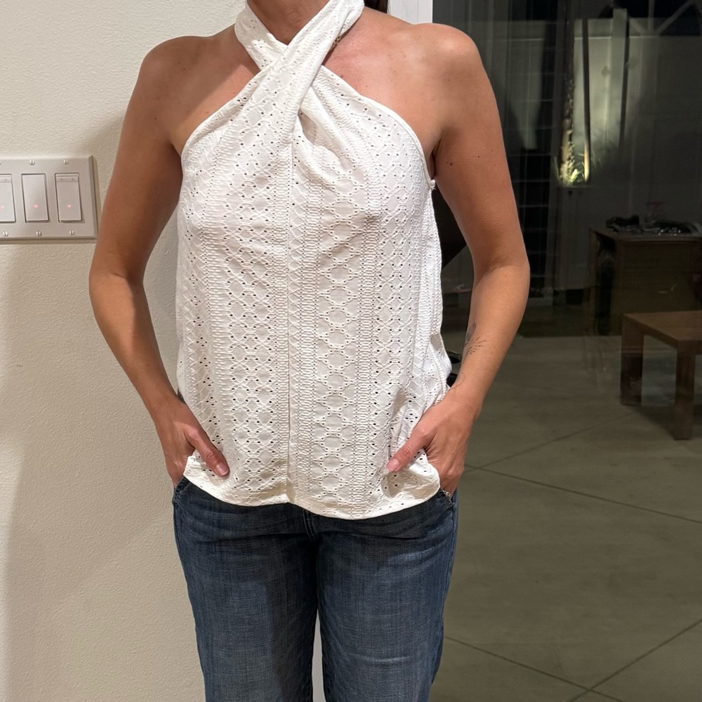 White Halter Neck Eyelet Top